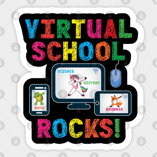 Virtual School Rocks Dabbing Unicorn Turtle Fox On Devices Sticker by Rosemarie Guieb Designs